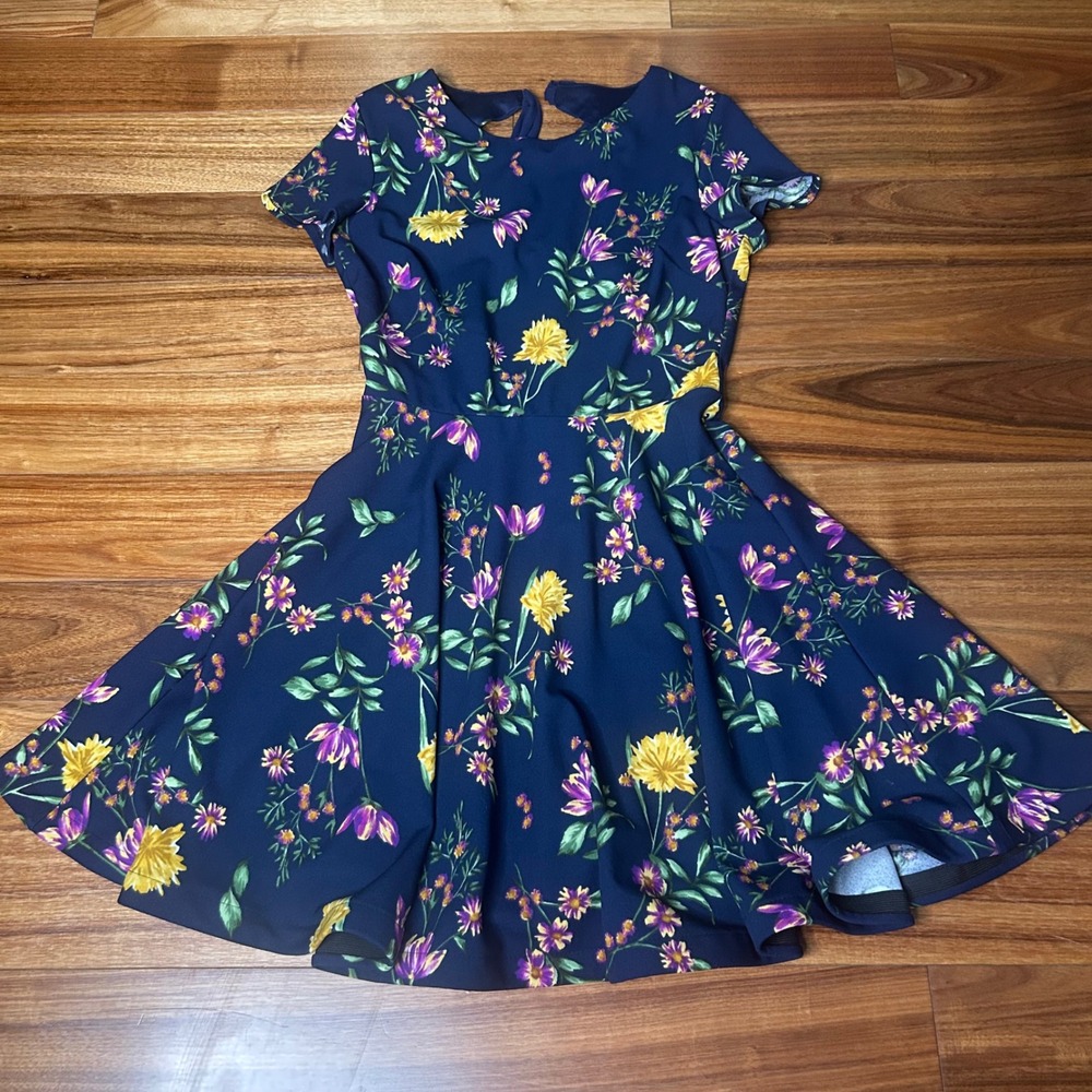 B. Darlin Vtg Floral‎ Fit & Flare Dress Navy Purple Yellow Size 9/10